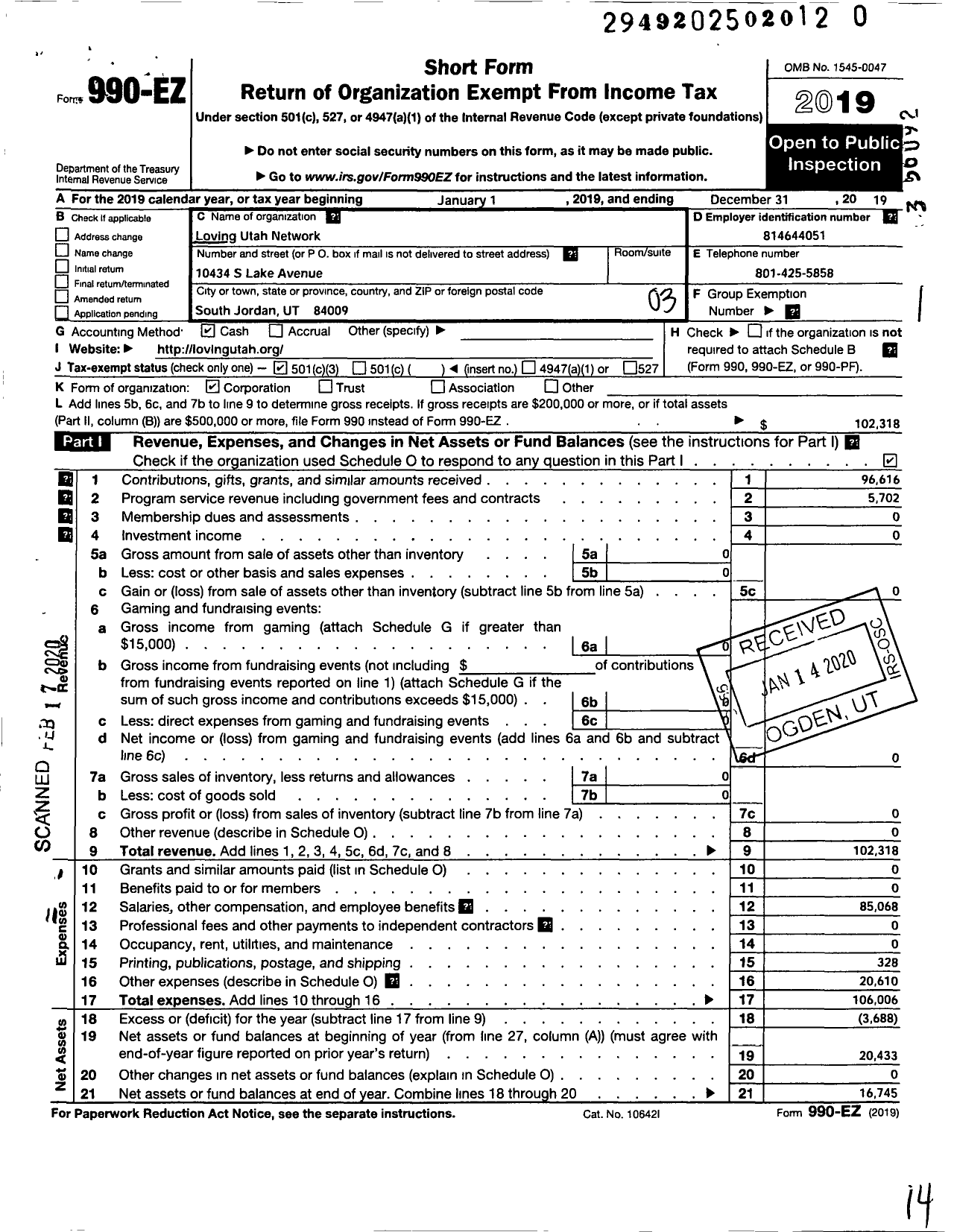 Image of first page of 2019 Form 990EZ for Loving Utah Network