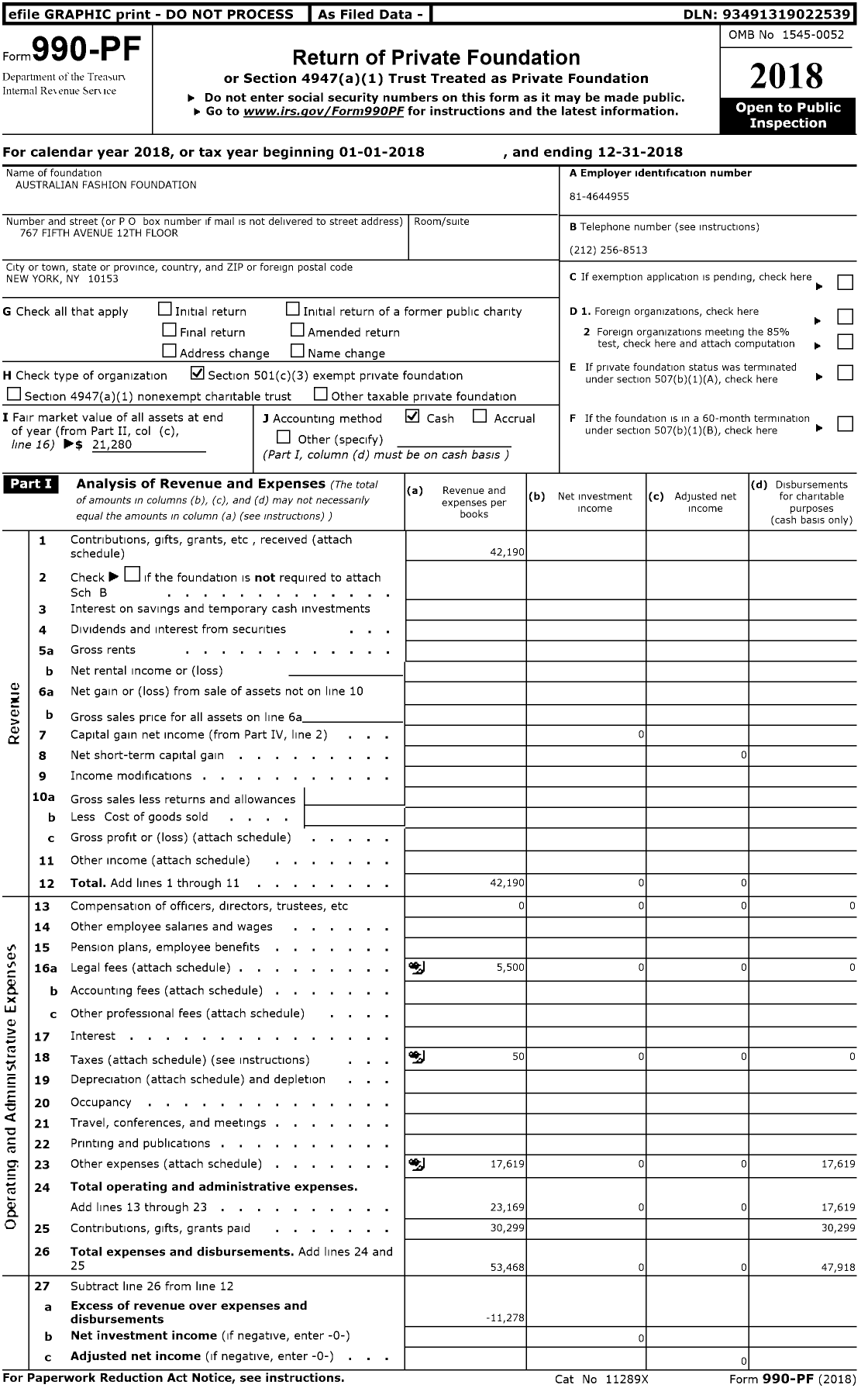 Image of first page of 2018 Form 990PF for Australian Fashion Foundation