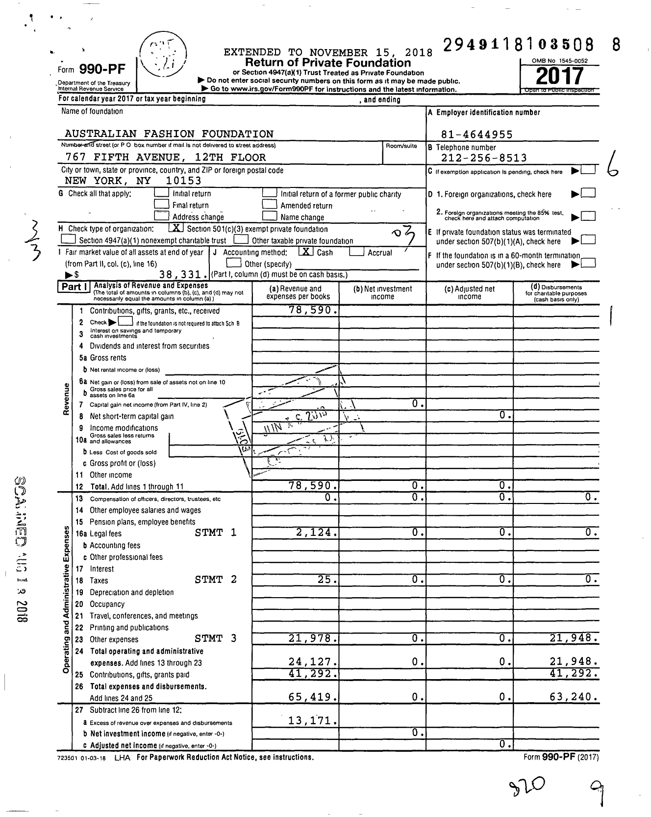 Image of first page of 2017 Form 990PF for Australian Fashion Foundation