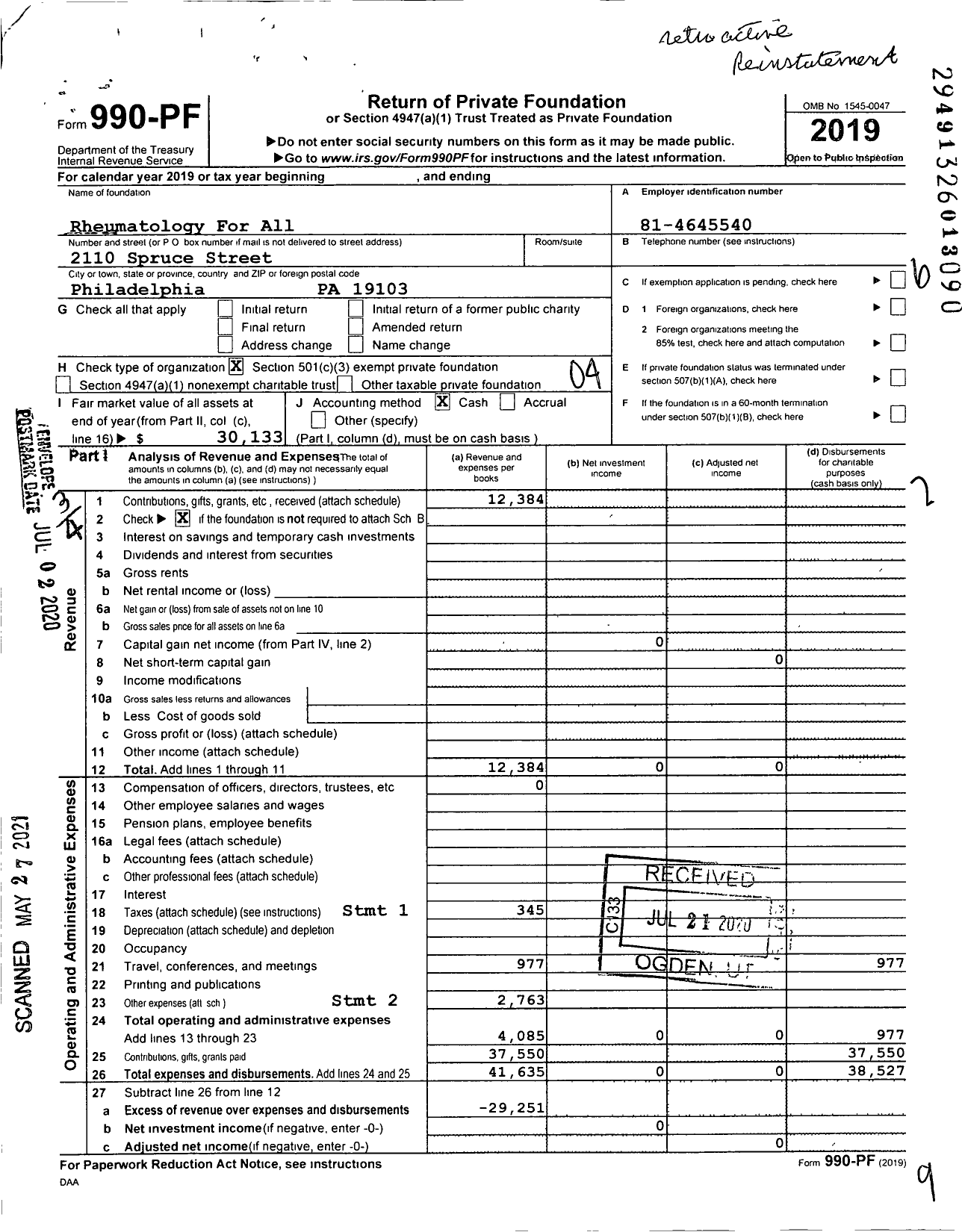 Image of first page of 2019 Form 990PF for Rheumatology for All