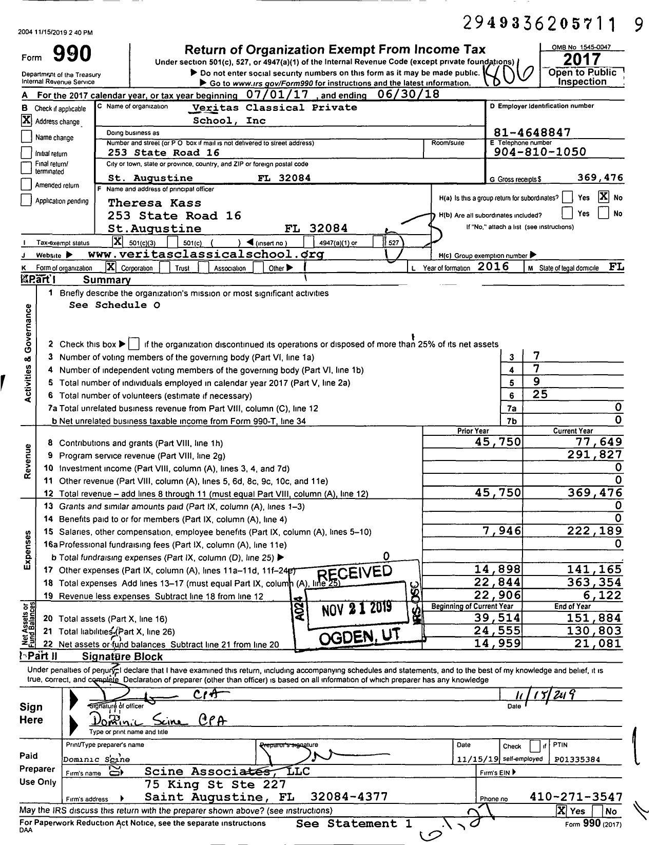 Image of first page of 2017 Form 990 for Veritas Classical Private School