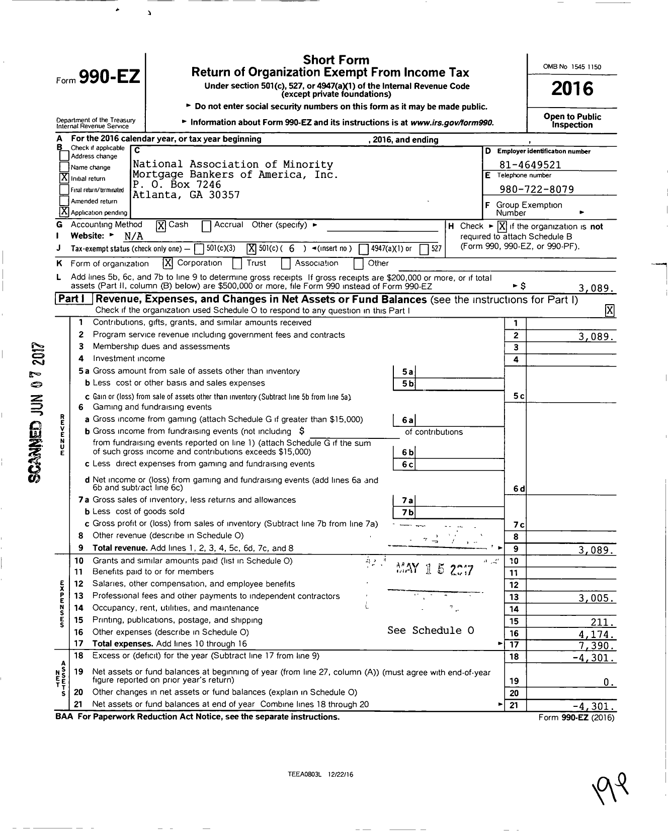 Image of first page of 2016 Form 990EO for National Association of Minority Mortgage
