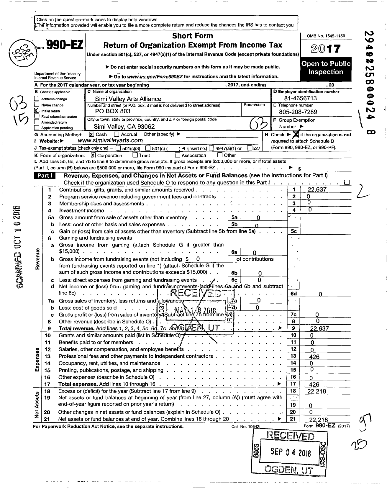 Image of first page of 2017 Form 990EZ for Simi Valley Arts Alliance