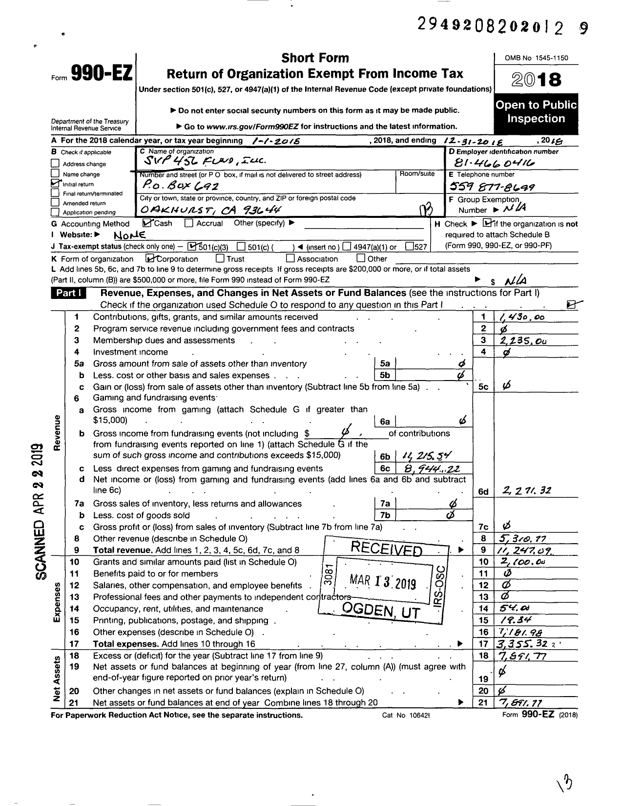 Image of first page of 2018 Form 990EZ for SVP 456 Fund