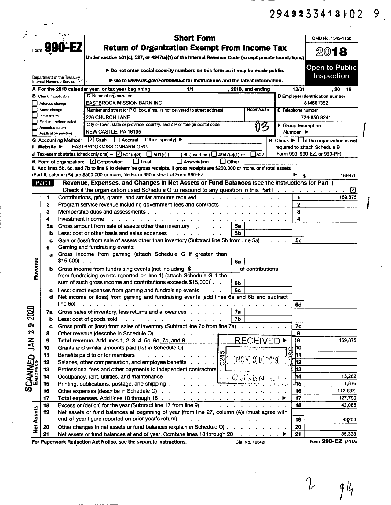 Image of first page of 2018 Form 990EZ for Mission Barn Incorporated