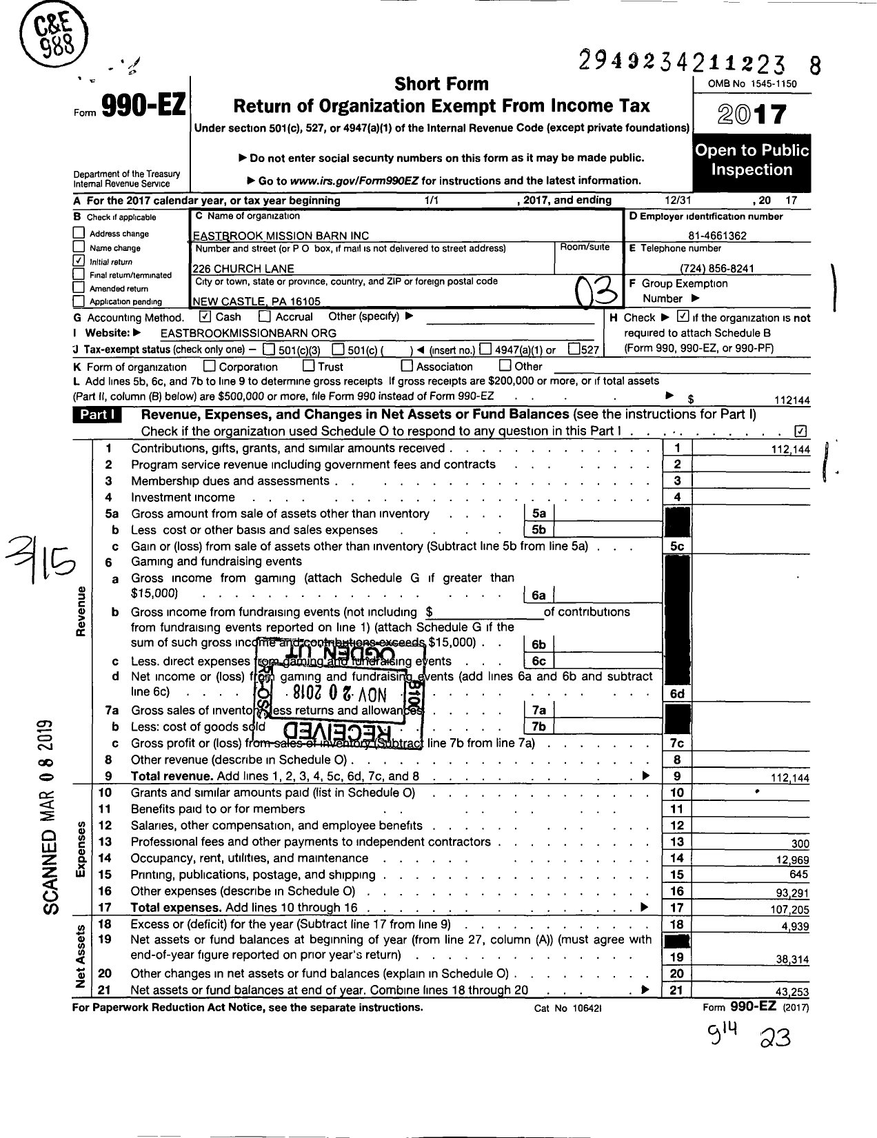 Image of first page of 2017 Form 990EZ for Mission Barn Incorporated