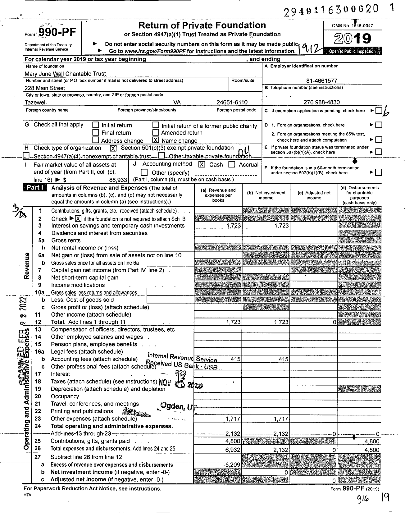 Image of first page of 2019 Form 990PF for Mary June Wall Charitable Trust