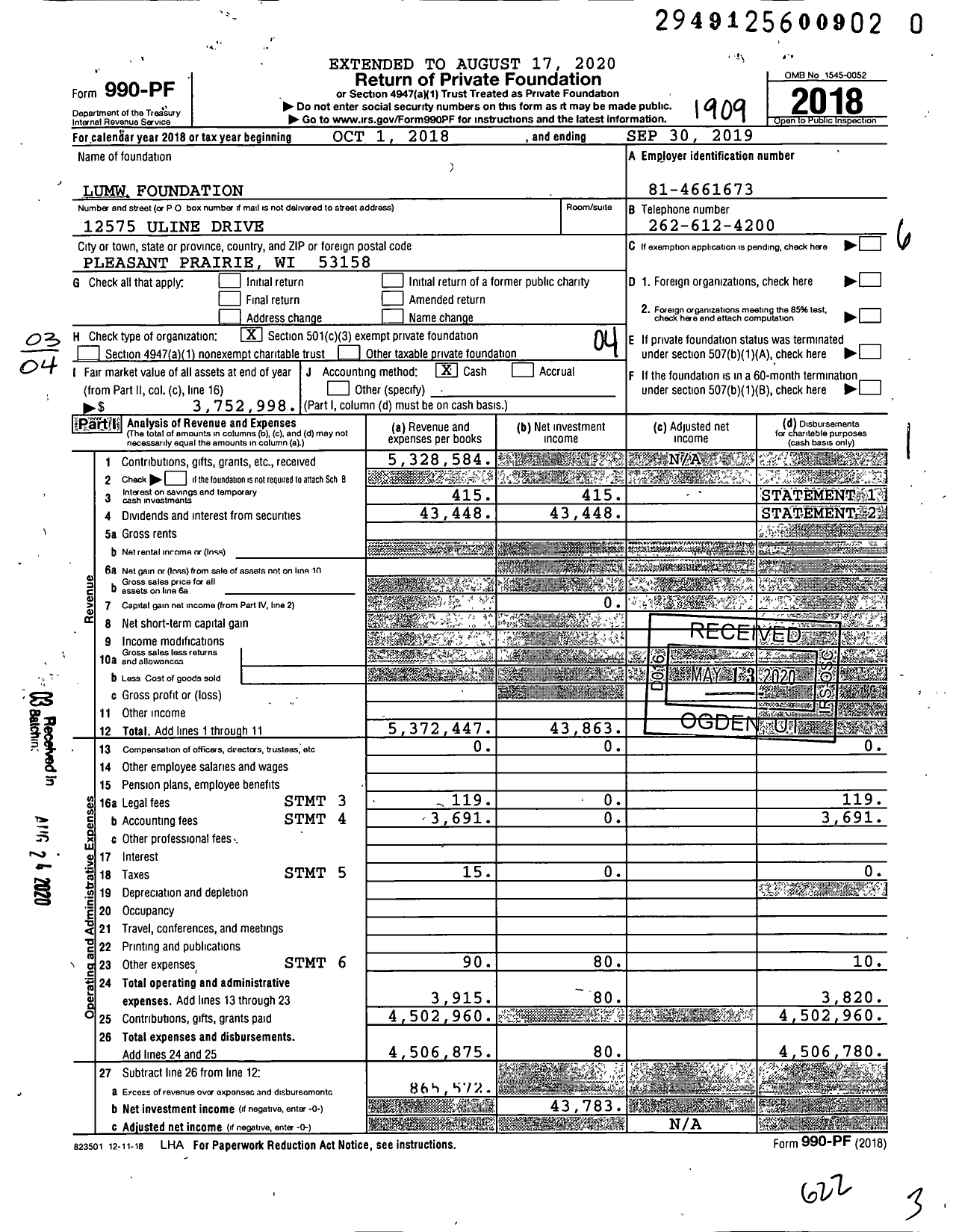Image of first page of 2018 Form 990PR for Lumw Foundation