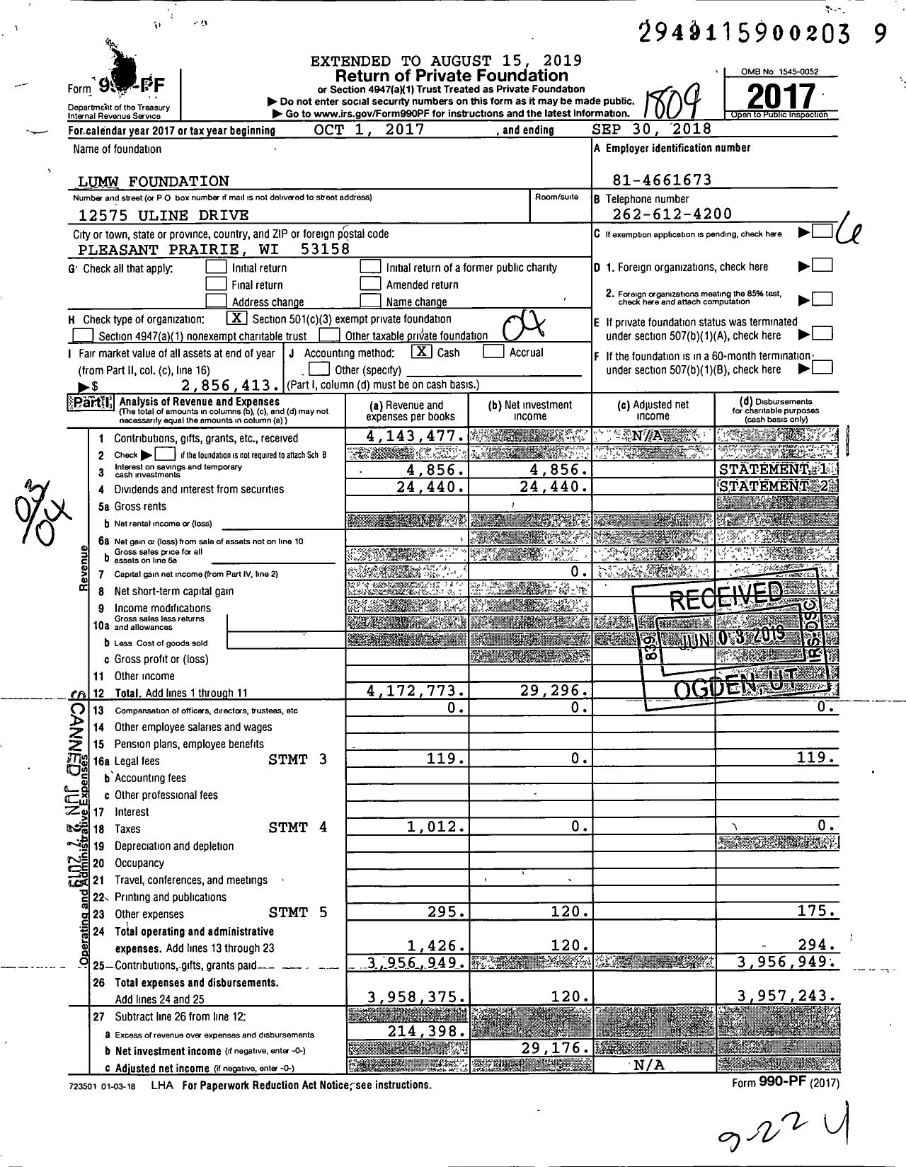 Image of first page of 2017 Form 990PF for Lumw Foundation