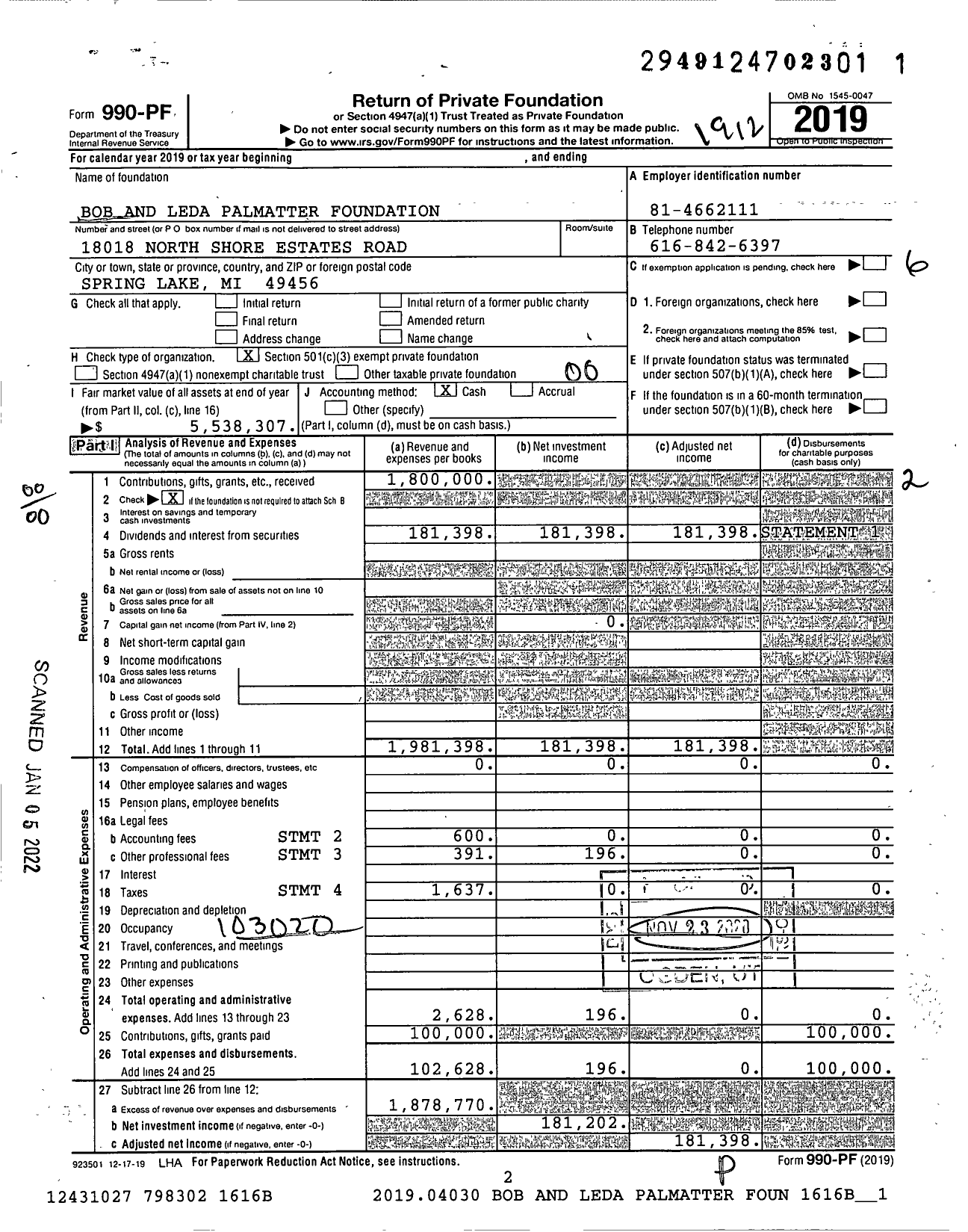 Image of first page of 2019 Form 990PF for Bob and Leda Palmatter Foundation