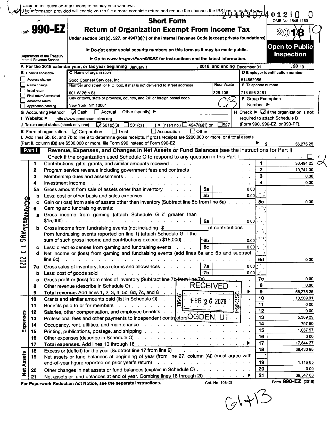 Image of first page of 2019 Form 990EZ for Good Counsel Services