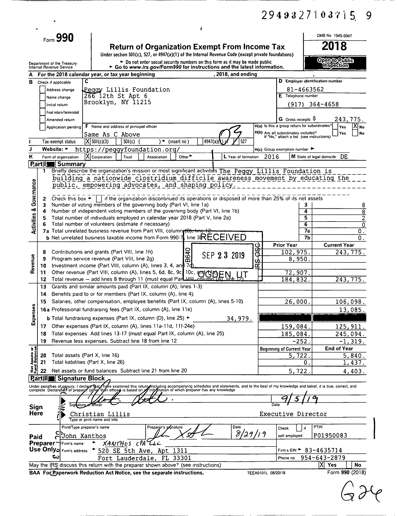 Image of first page of 2018 Form 990 for Peggy Lillis Foundation