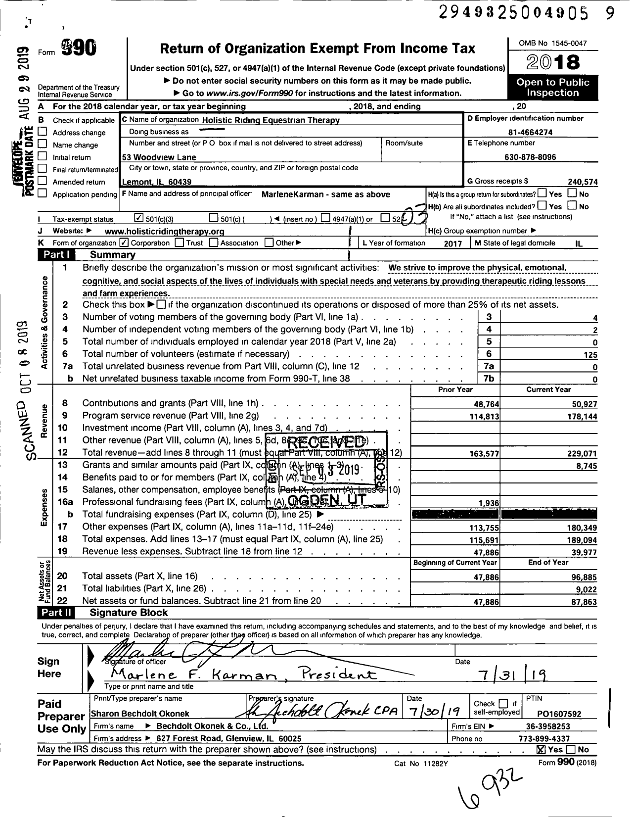 Image of first page of 2018 Form 990 for Holistic Riding Equestrian Therapy