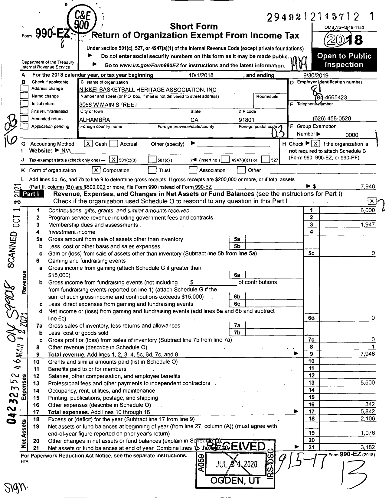 Image of first page of 2018 Form 990EZ for Nikkei Basketball Heritage Association