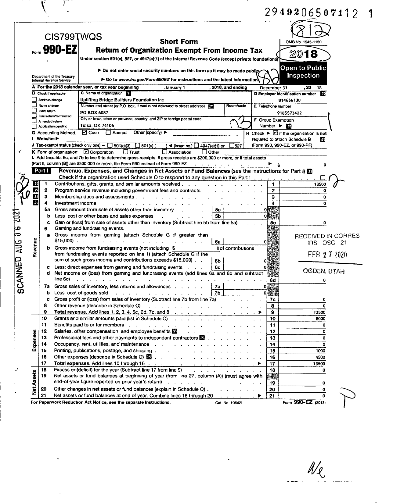 Image of first page of 2018 Form 990EZ for Uplifting Bridge Builders Foundation