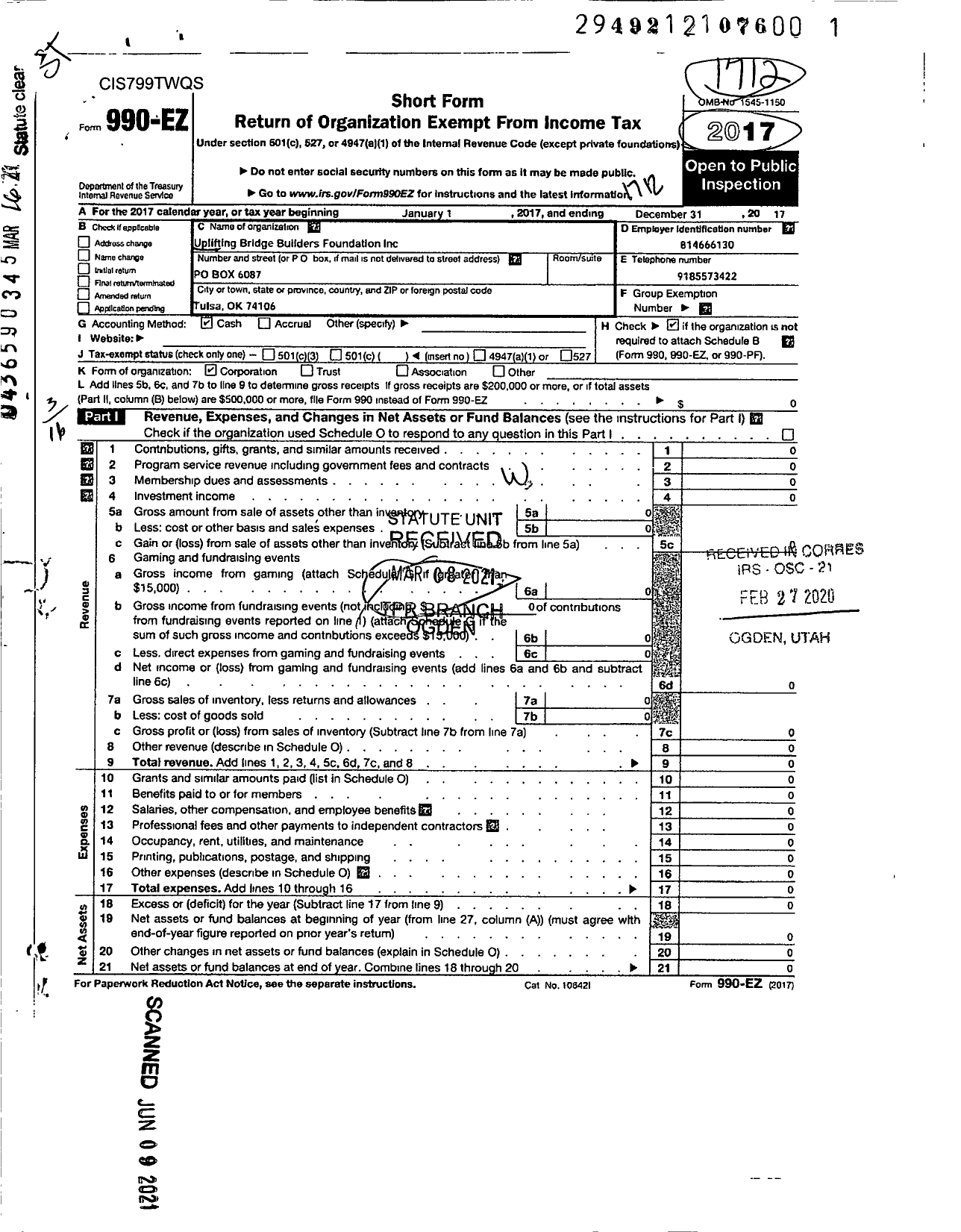 Image of first page of 2017 Form 990EZ for Uplifting Bridge Builders Foundation