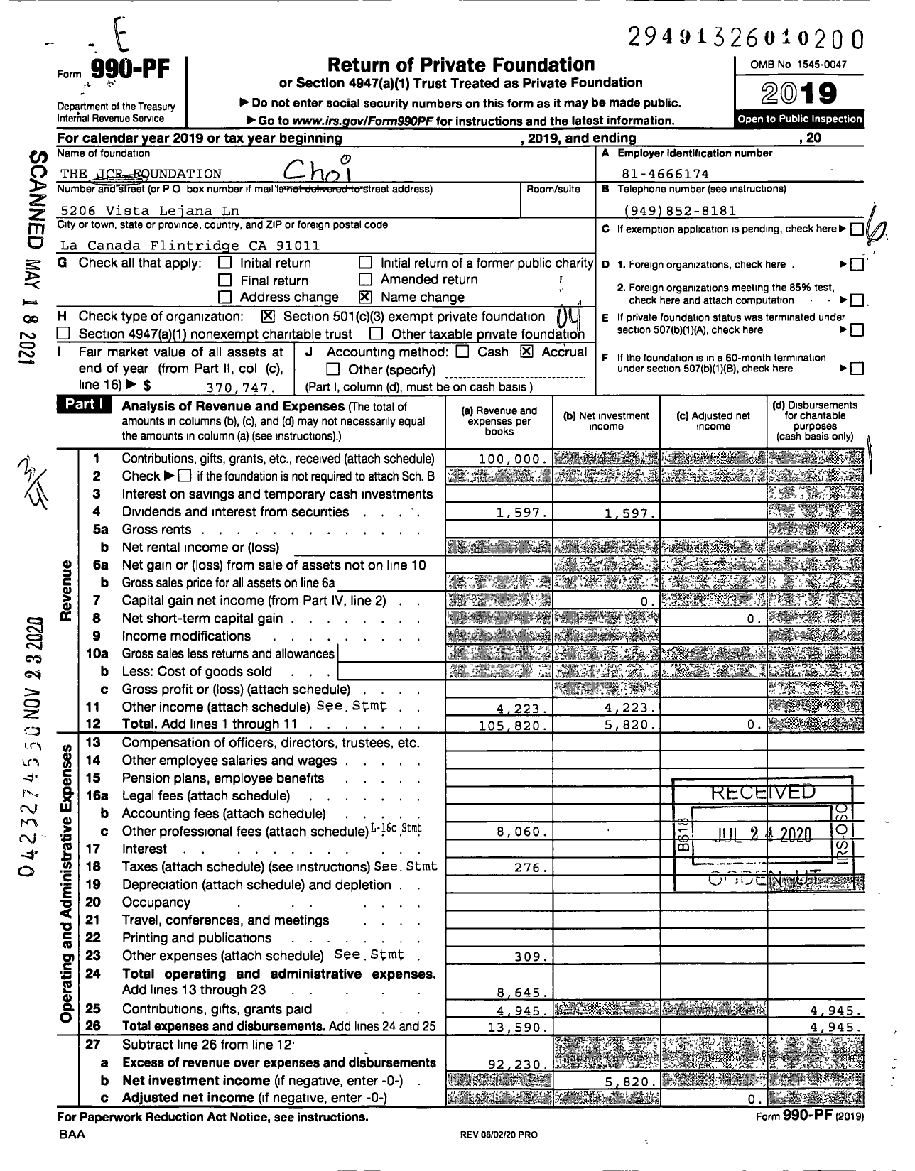 Image of first page of 2019 Form 990PF for The JCR Foundation