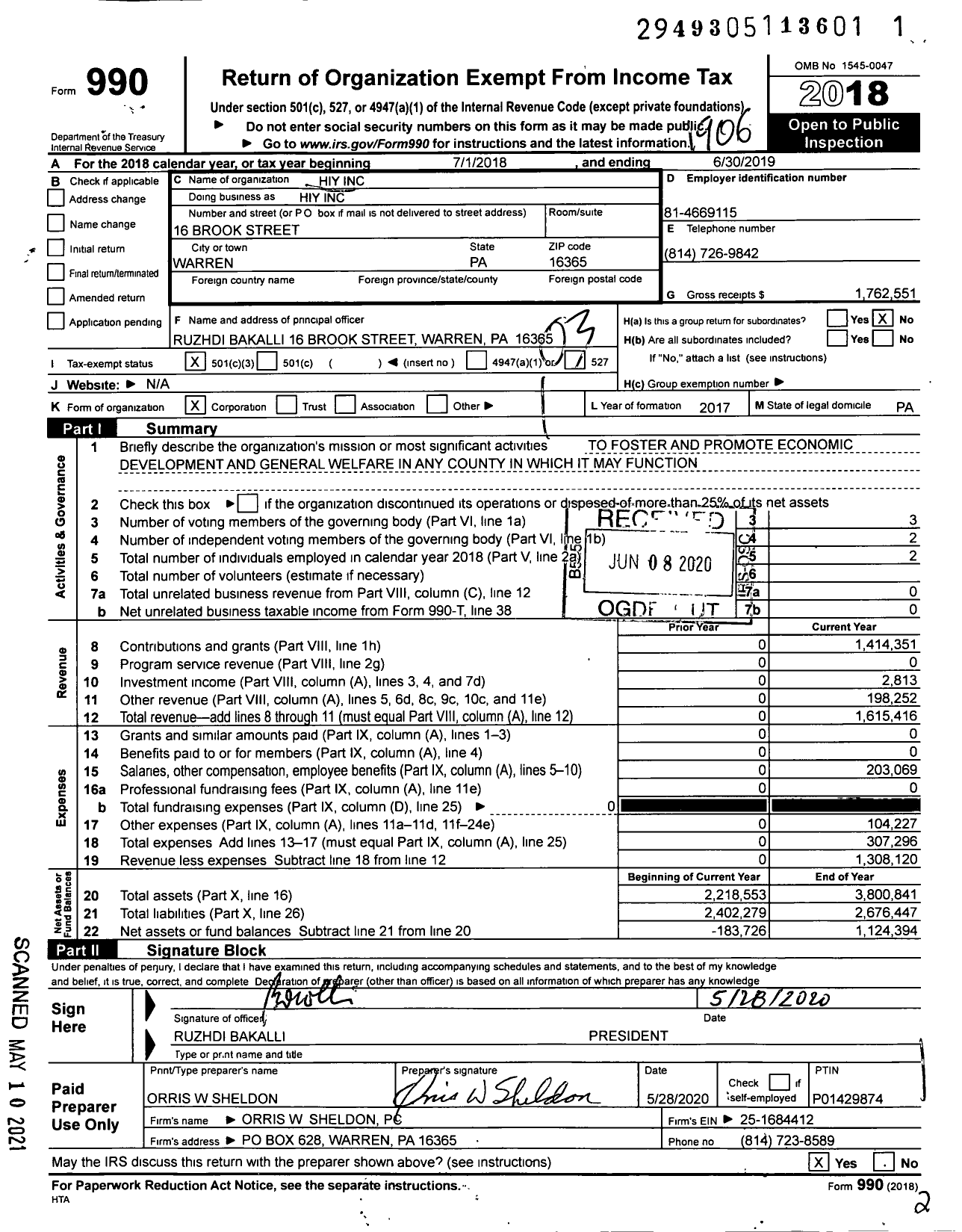 Image of first page of 2018 Form 990 for Hiy