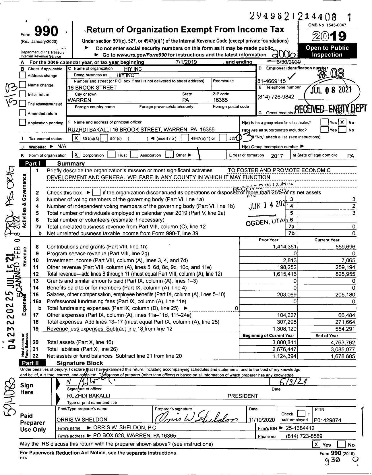 Image of first page of 2019 Form 990 for Hiy