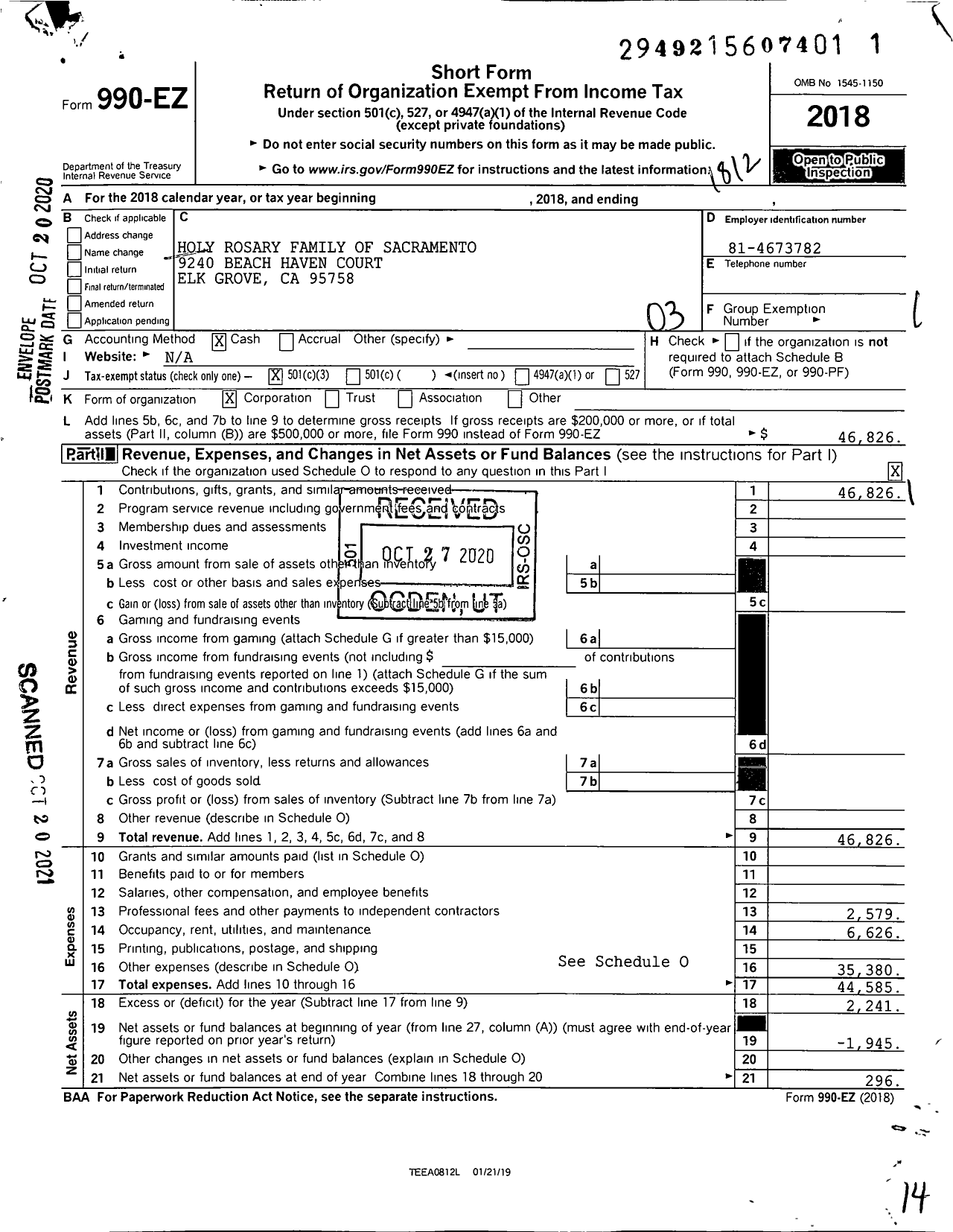 Image of first page of 2018 Form 990EZ for Holy Rosary Family of Sacramento