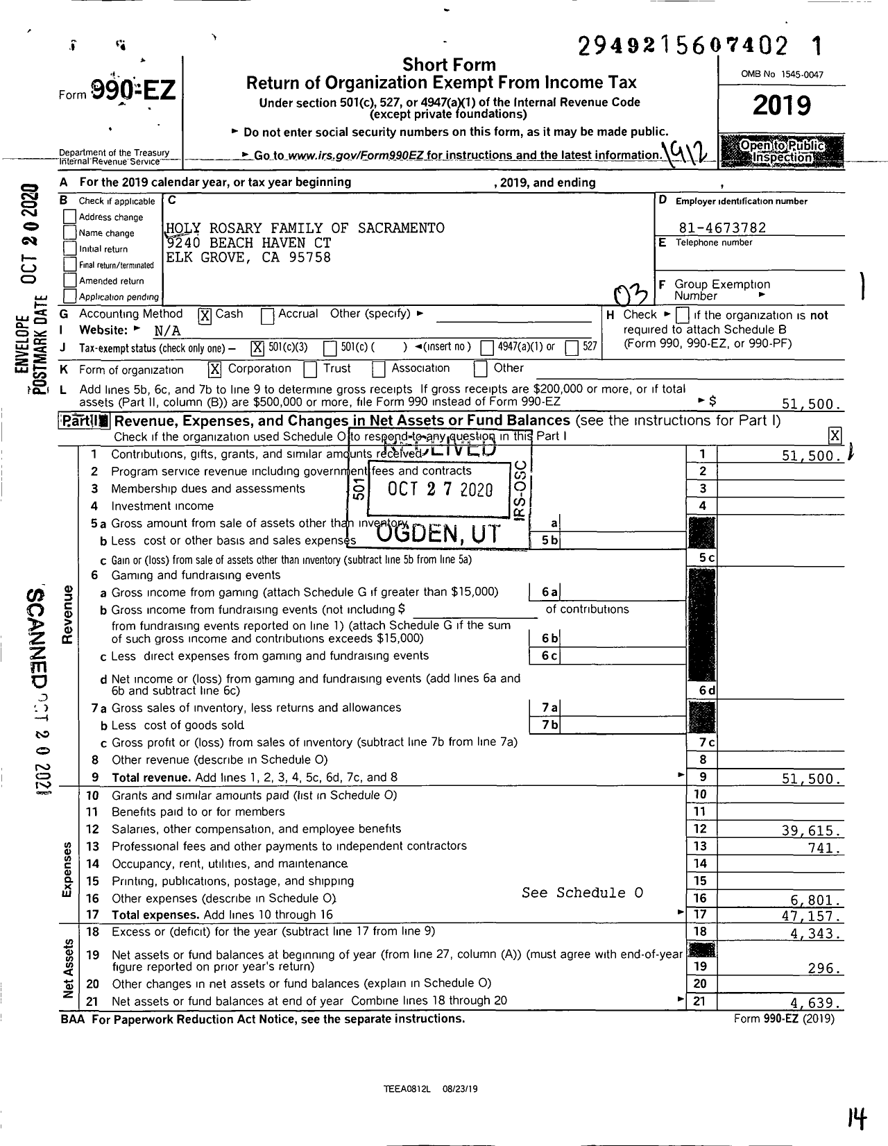 Image of first page of 2019 Form 990EZ for Holy Rosary Family of Sacramento