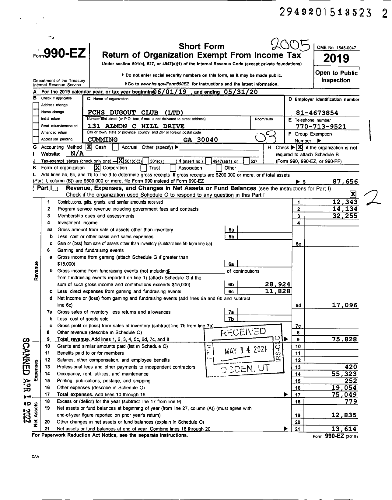 Image of first page of 2019 Form 990EZ for FCHS Dugout Club