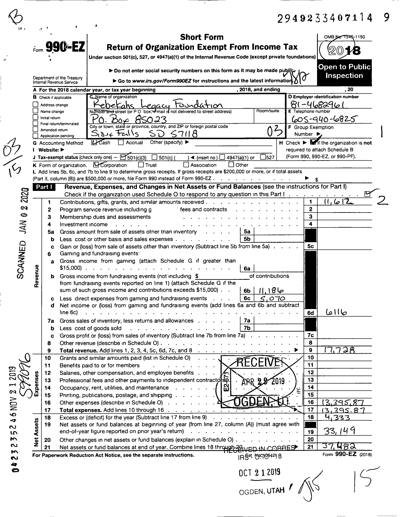 Image of first page of 2018 Form 990EZ for Rebekahs Legacy Foundation