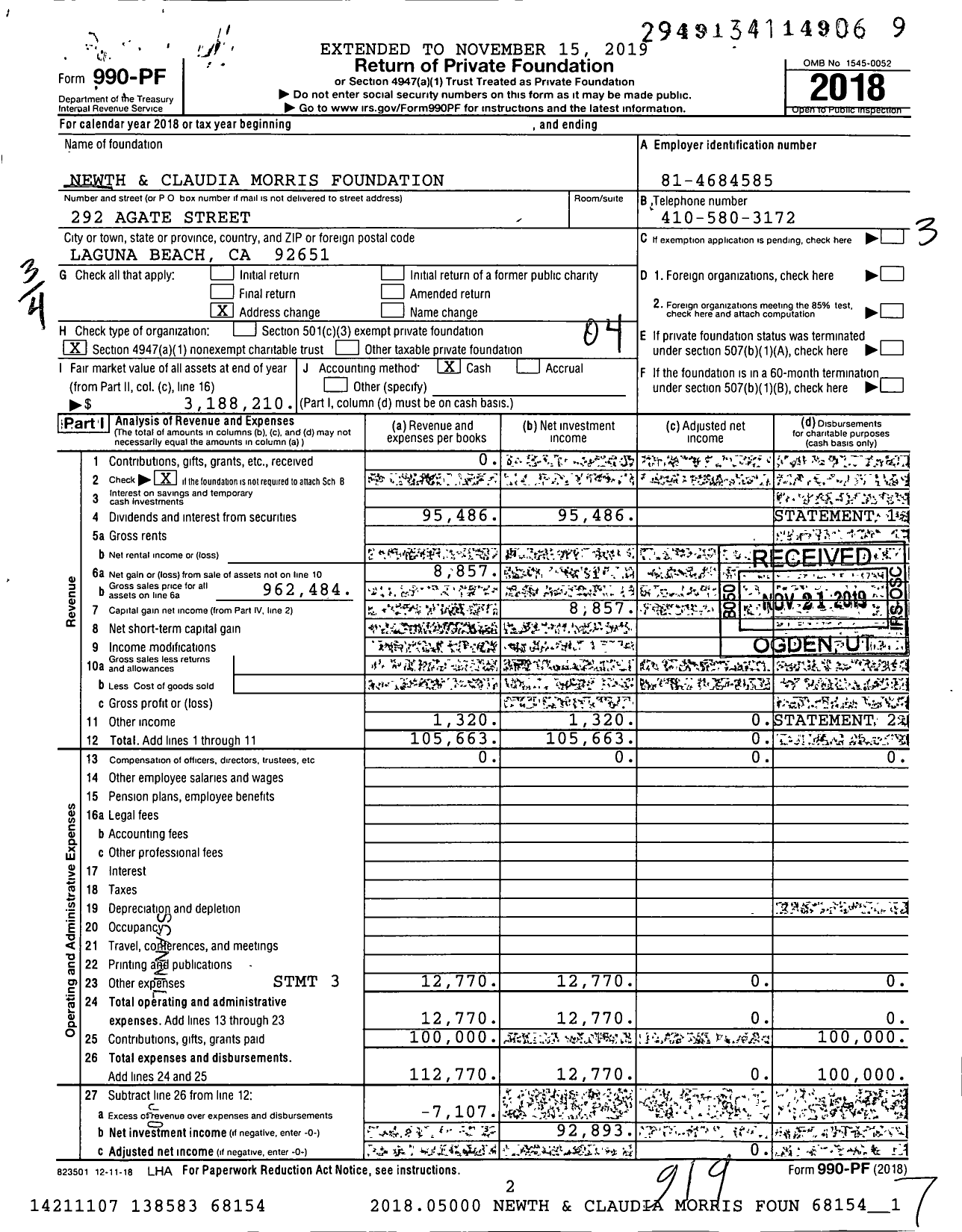 Image of first page of 2018 Form 990PF for Newth and Claudia Morris Foundation