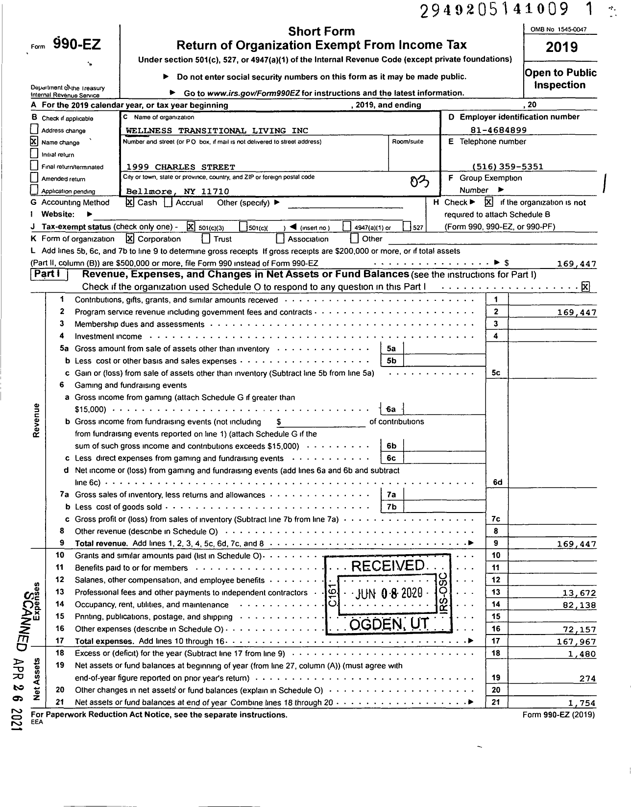 Image of first page of 2019 Form 990EZ for Wellness Transitional Living