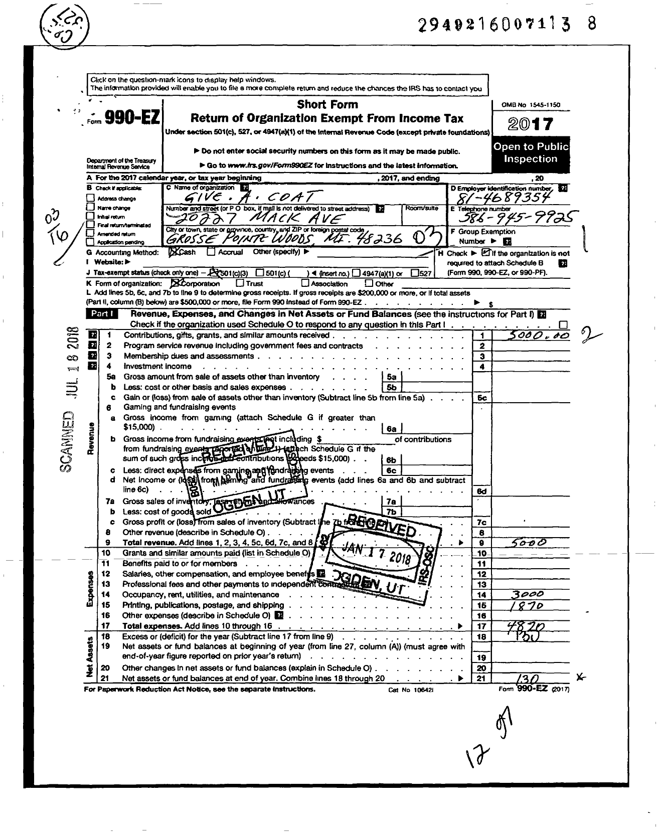 Image of first page of 2017 Form 990EZ for Give-A-Coat