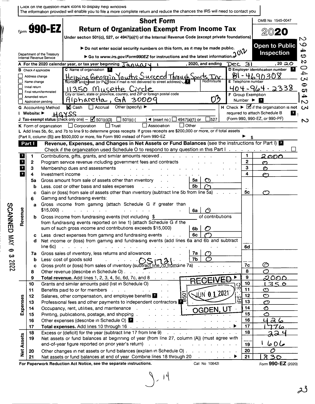 Image of first page of 2020 Form 990EZ for Helping Georgia Youths Succeed Through Sports