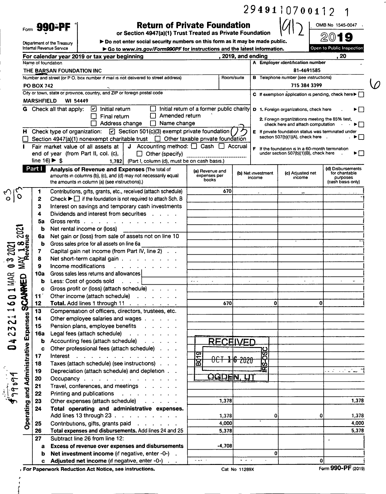 Image of first page of 2019 Form 990PF for The Barsan Foundation