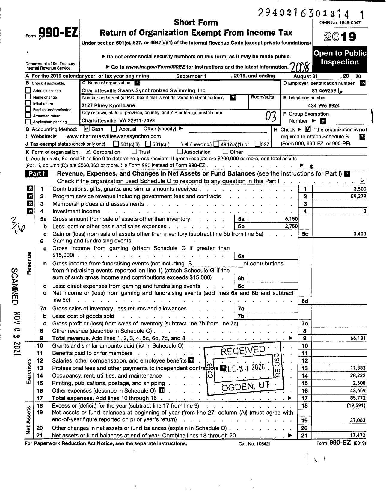 Image of first page of 2019 Form 990EZ for Charlottesville Swans Synchronized Swimmming