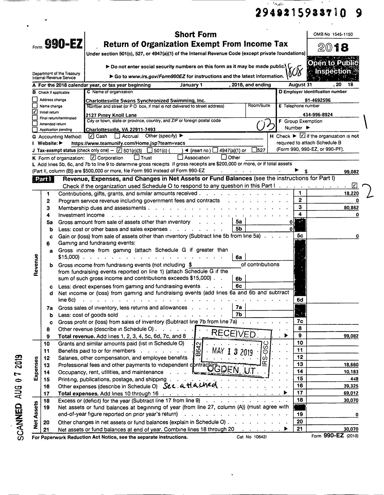 Image of first page of 2017 Form 990EZ for Charlottesville Swans Synchronized Swimmming