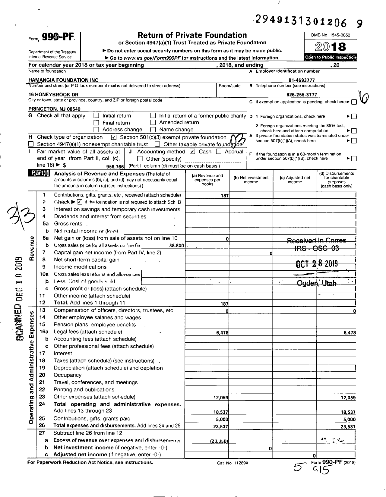 Image of first page of 2018 Form 990PF for Hamangia Foundation