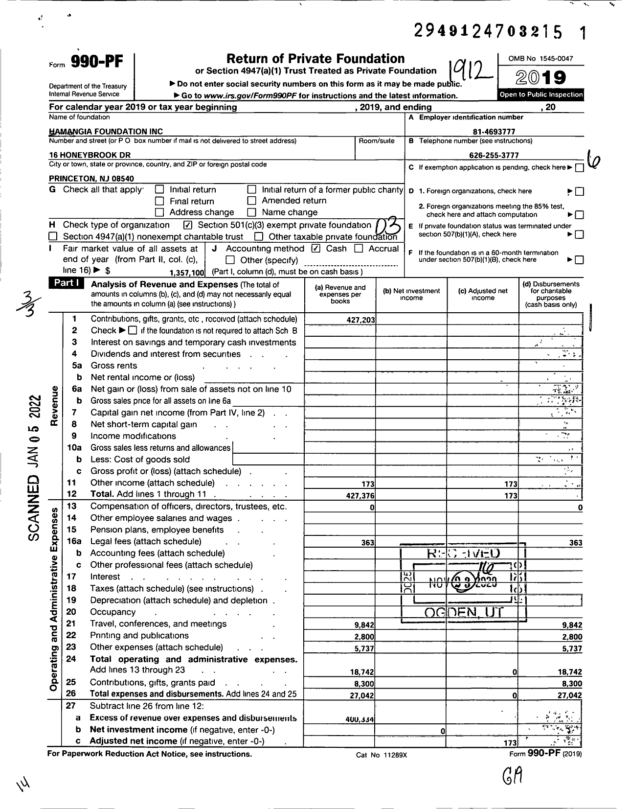 Image of first page of 2019 Form 990PF for Hamangia Foundation