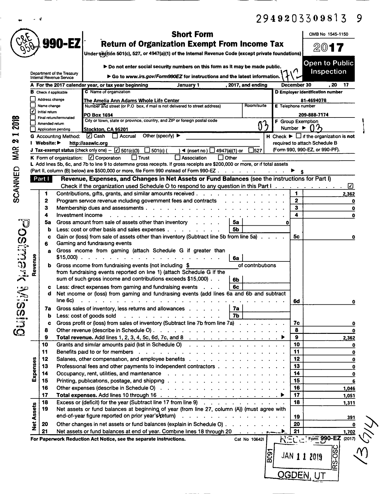 Image of first page of 2017 Form 990EZ for Amelia Ann Adams Whole Life Center