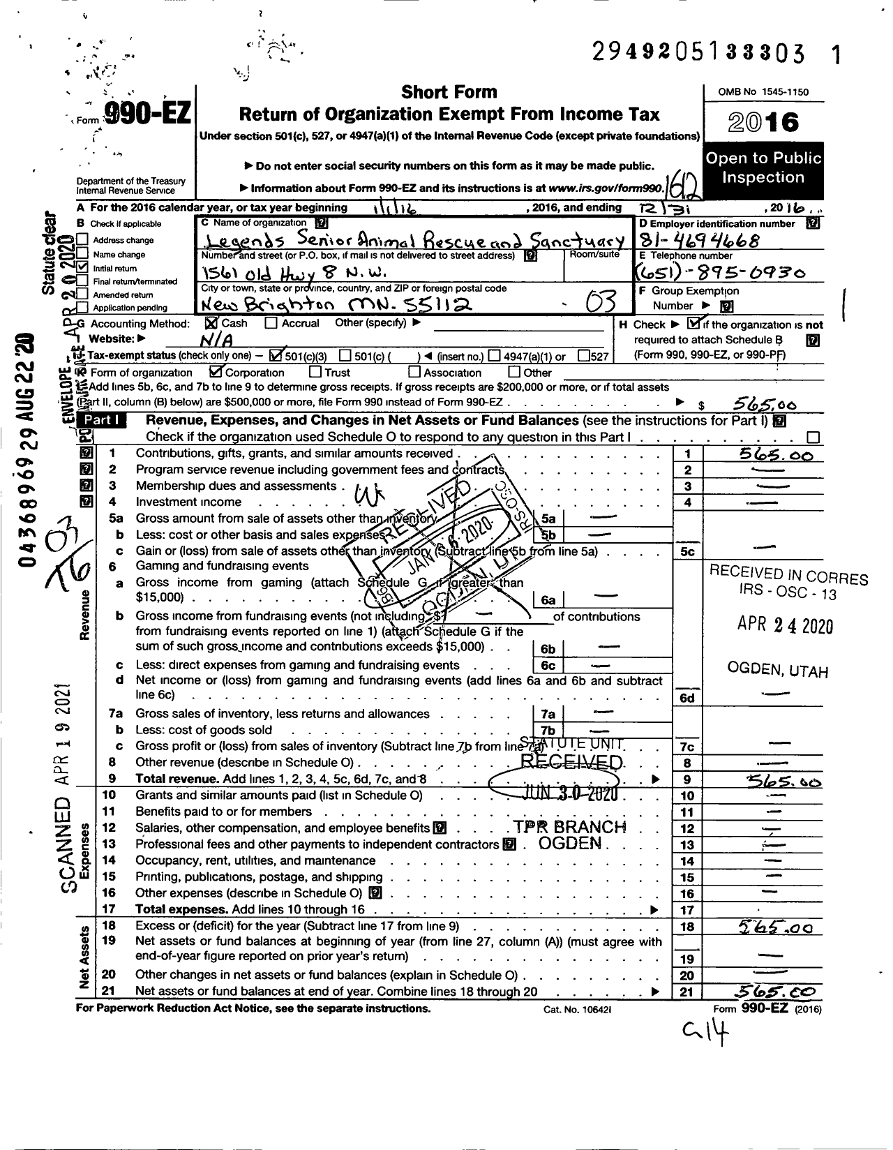 Image of first page of 2016 Form 990EZ for Legends Senior Animal Rescue and Sanctuary