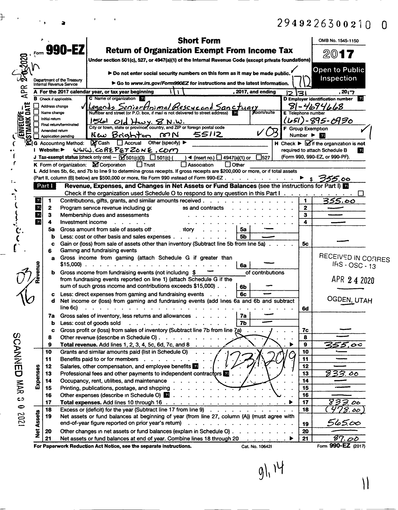 Image of first page of 2017 Form 990EZ for Legends Senior Animal Rescue and Sanctuary