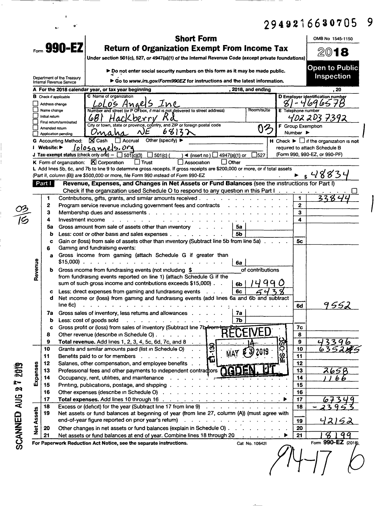 Image of first page of 2018 Form 990EZ for Lolos Angels