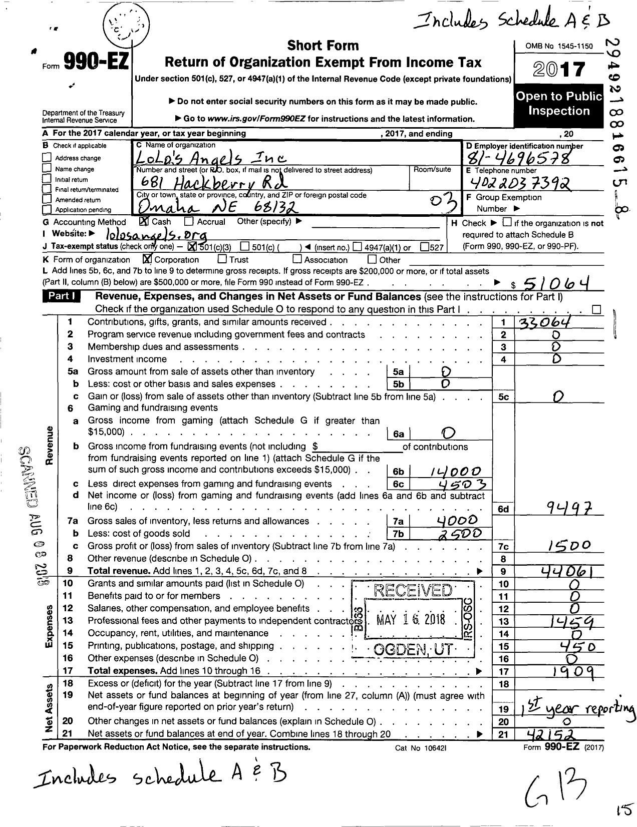 Image of first page of 2017 Form 990EZ for Lolos Angels