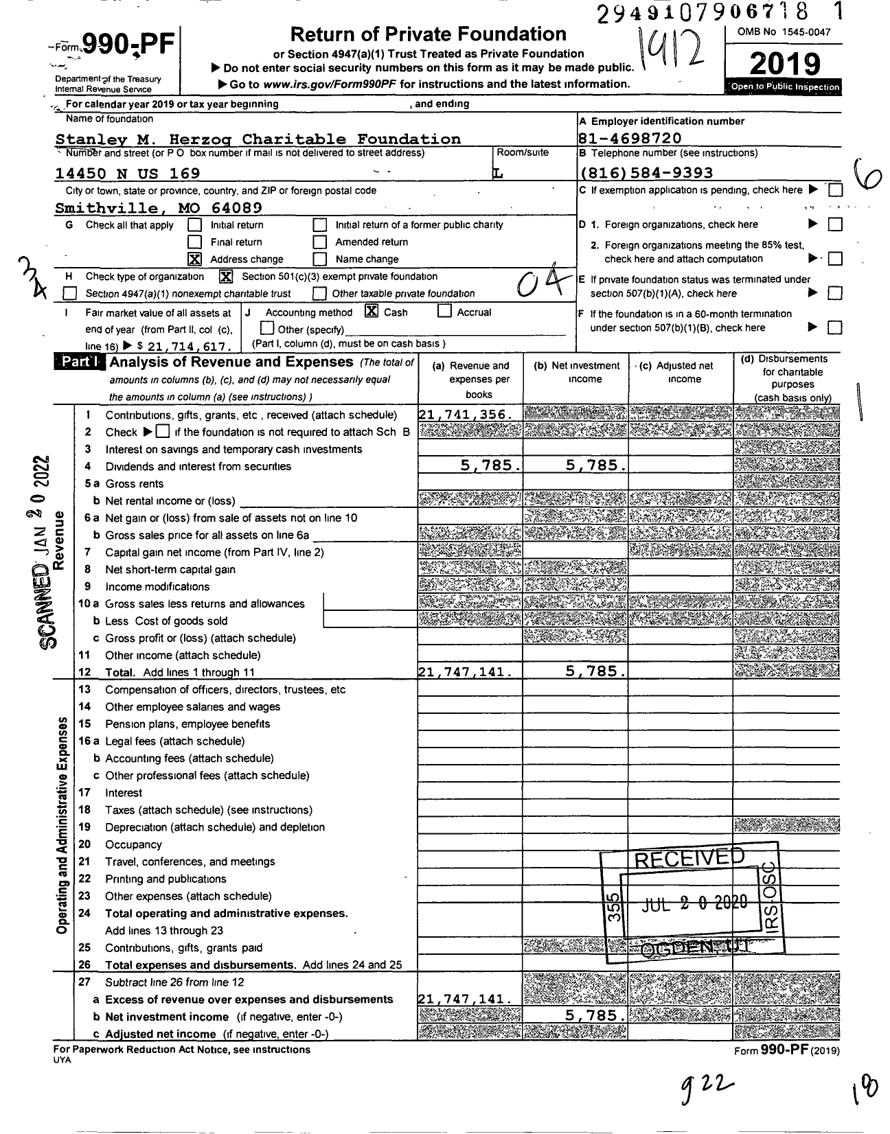 Image of first page of 2019 Form 990PF for Stanley M Herzog Charitable Foundation