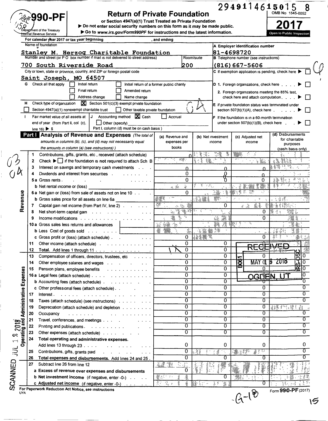 Image of first page of 2017 Form 990PF for Stanley M Herzog Charitable Foundation