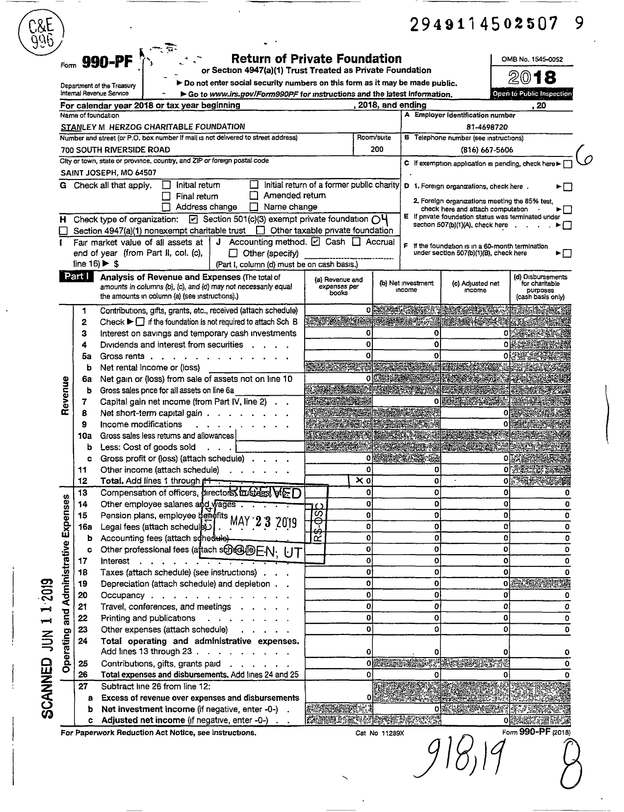 Image of first page of 2018 Form 990PF for Stanley M Herzog Charitable Foundation