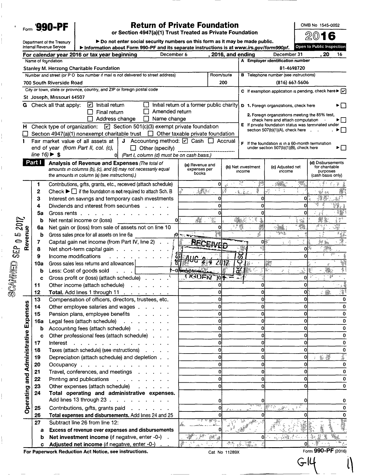 Image of first page of 2016 Form 990PF for Stanley M Herzog Charitable Foundation
