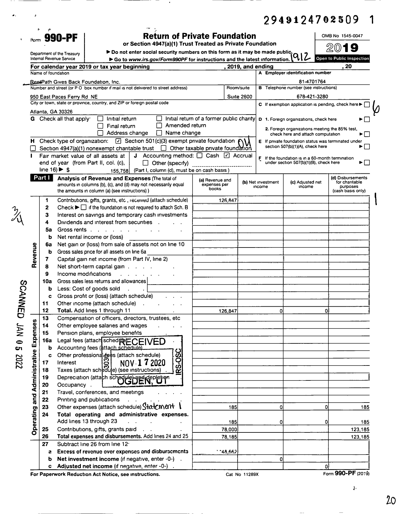 Image of first page of 2019 Form 990PF for Rentpath Gives Back Foundation