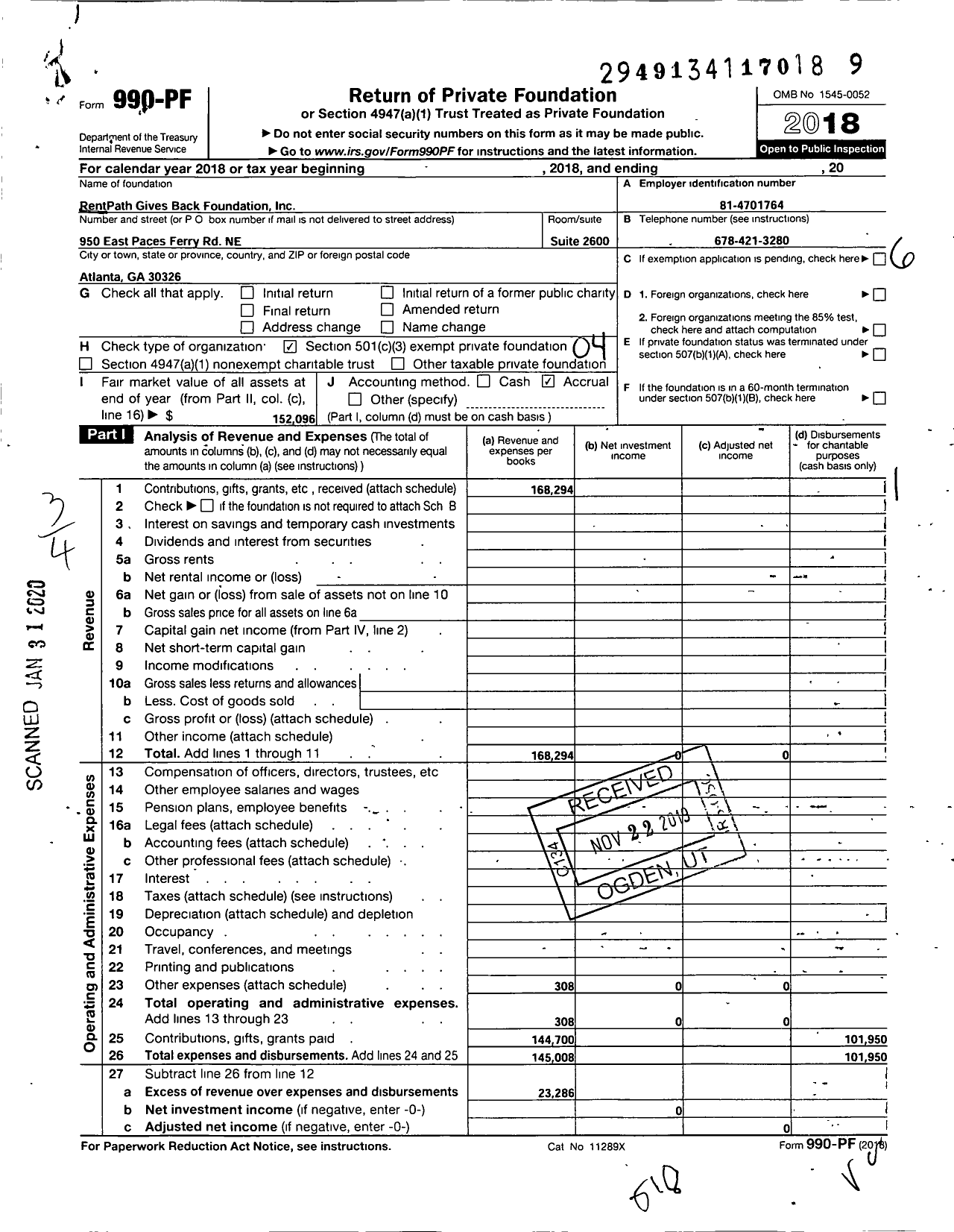 Image of first page of 2018 Form 990PF for Rentpath Gives Back Foundation