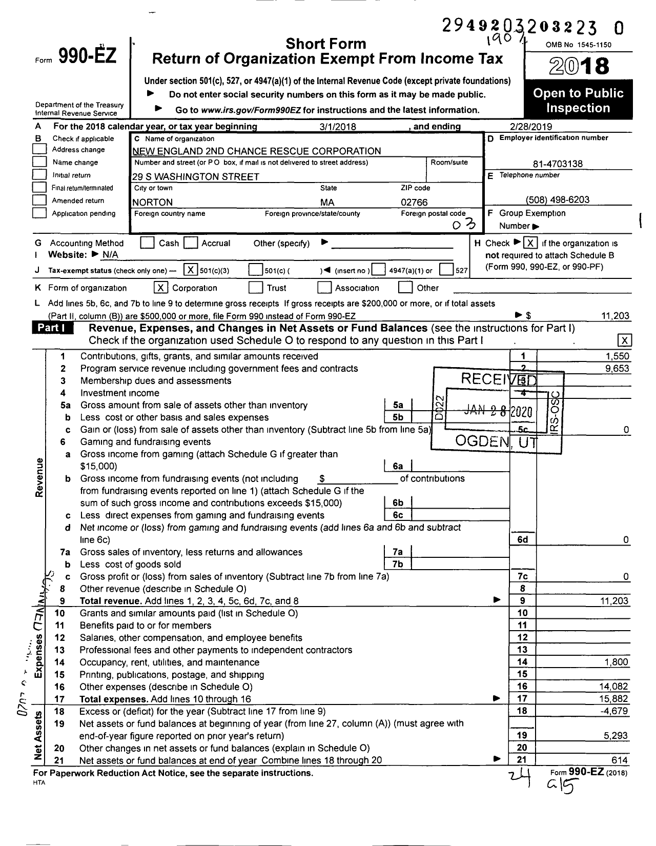 Image of first page of 2018 Form 990EZ for New England 2nd Chance Rescue Corporation