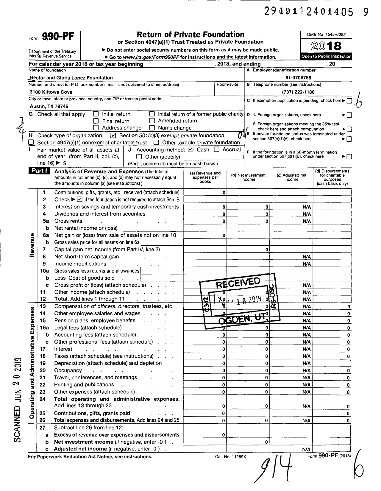 Image of first page of 2018 Form 990PF for Hector and Gloria Lopez Foundation