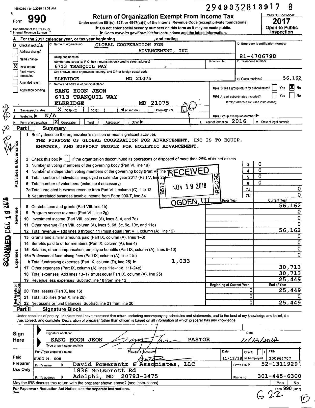 Image of first page of 2017 Form 990O for Global Cooperation for Advancement